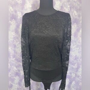 Lulus Black Lace Long Sleeve Bodysuit NWT